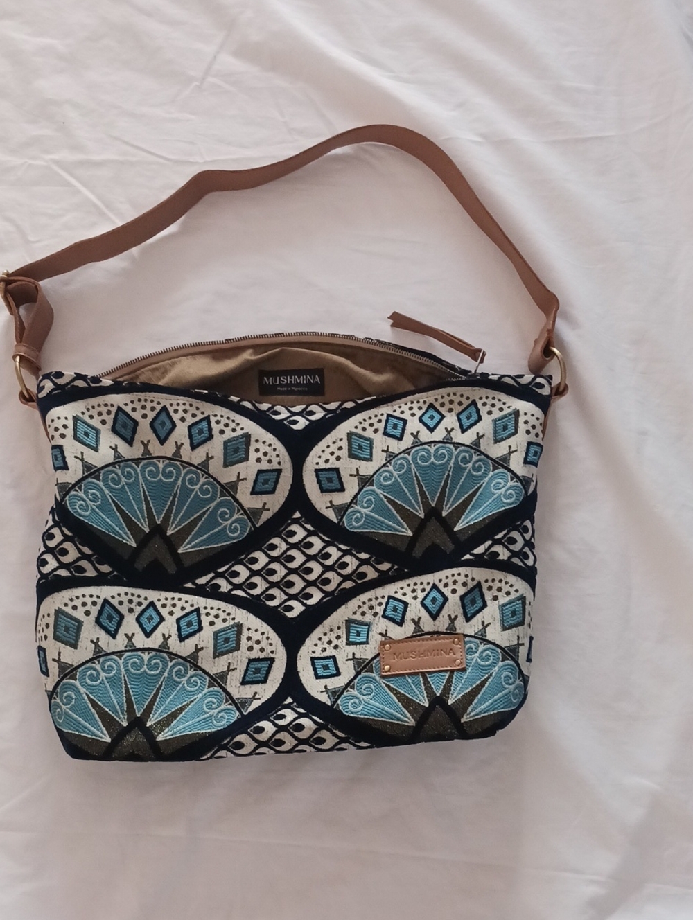 Mushmina Teal & Black Patterned Shoulder Bag with Tan Strap